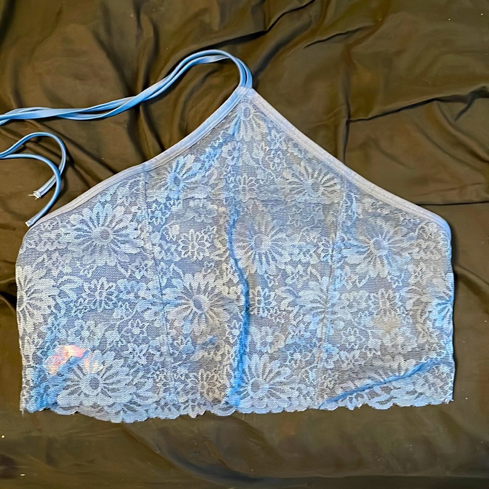 (L) PINK Lace Halter Bralette in Blue